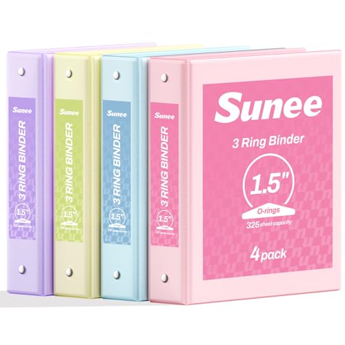 SUNEE 1.5 Inch Binders 3 Ring 4 Pack, Clear View 1 1/2 Inch Binders Three Ring PVC-Free (Fit 8.5x11 Inches) for School or Office Supplies, Assorted Pastel