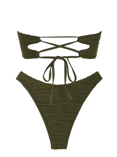 Image of ZAFUL Women Strapless Textured Bandeau Bikini 2 Piece Swimwear Cheeky Solid Lace up Bathing Suits