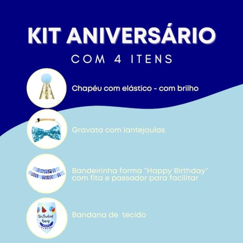 Combo Decoração de Aniversário para Pets – Chapéu, Bandana, Gravata e Bandeirinha 