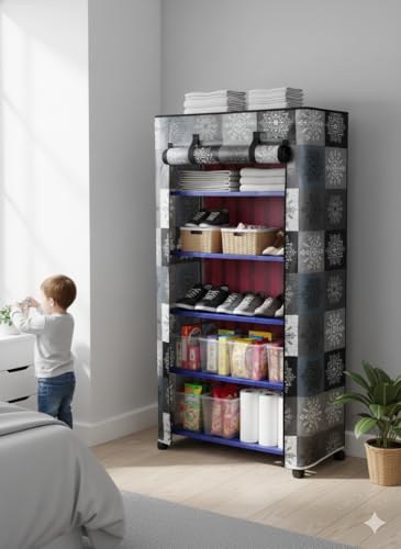 Image of CIPLA PLAST Space-Saving Classy Shoe Organizer, with Wheels, Storage Rack Covered Shoe Rack with Dustproof Fabric Cover, Powder Coated Metal Frame & Fabric Organizer (Extra Large, 6 Layer)