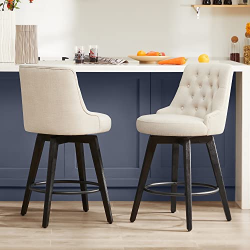 Image of Watson & Whitely Counter Height Bar Stools Swivel Barstools, Fabric Tan | Set of 2, Upholstered Modern Barstool with Back, Solid Wood Legs, 26 inch H Seat