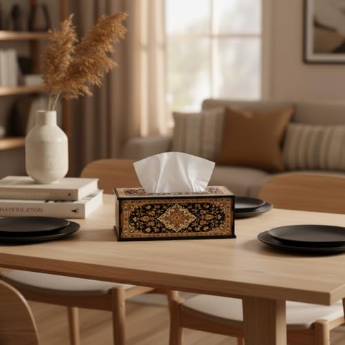 Image of Luxury Navy Gold Floral Printed Tissue Box Holder Designer Wooden Tissue Box Cover for Home, Office & Dining 6.5x5x3 Inch