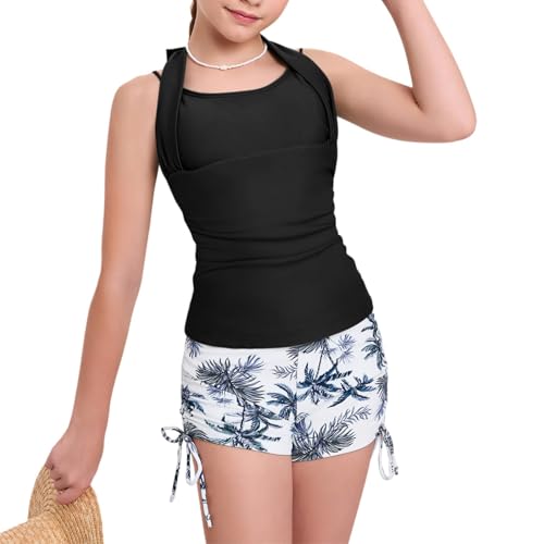 Image of Size 7-16 Years Girls Slim Fit Swimsuit 2 Piece Halterneck Tankini Swimsuit Drawstring Printed Swim Shorts
