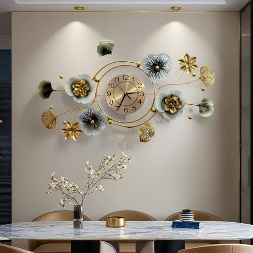 Image of GZDDYUMYJX Large Wall Clock,Clocks for Living Room,Silent Wall Clock,3D Creative Metal Ginkgo Leaf Design, for Bedroom Kitchen Decorative Wall Clocks (Green Gold, 33.9‘’x20.9‘’/86x53cm)