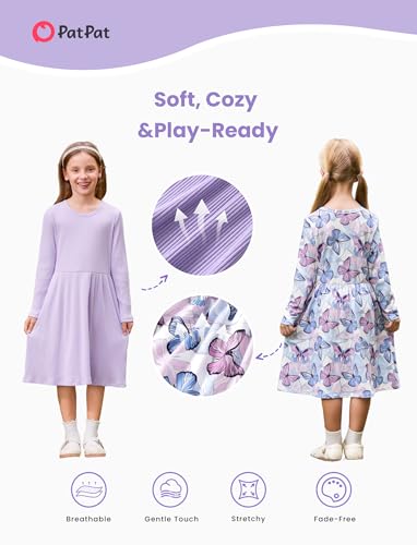 PATPAT Toddler Girl Long Sleeve Dresses 2-Pack – Ribbed Cotton & Woven A-Line, Soft Fall Outfits for Girls, Sizes 18M–10Y3