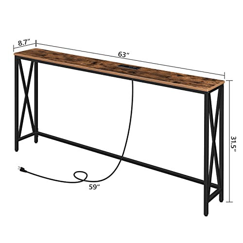 Alloswell 63" Console Table With Power Outlet, Narrow Sofa Table, Farmhouse Sofa Couch Table With Charging Station, Sturdy And Durable, For Entryway, Living Room, Foyer, Rustic Brown Cthr8401 #TOP2