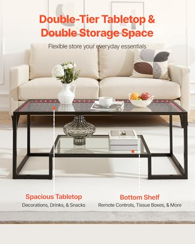 VEVOR Couchtisch Beistelltisch aus gehärtetem Glas mit Beleuchtung, rechteckiger Glastisch mit Zwei Ebenen & offenem Stauraum, Kaffeetisch aus Metall für Wohnzimmer Büro 100 x 51 x 48 cm Schwarz – Bild 6