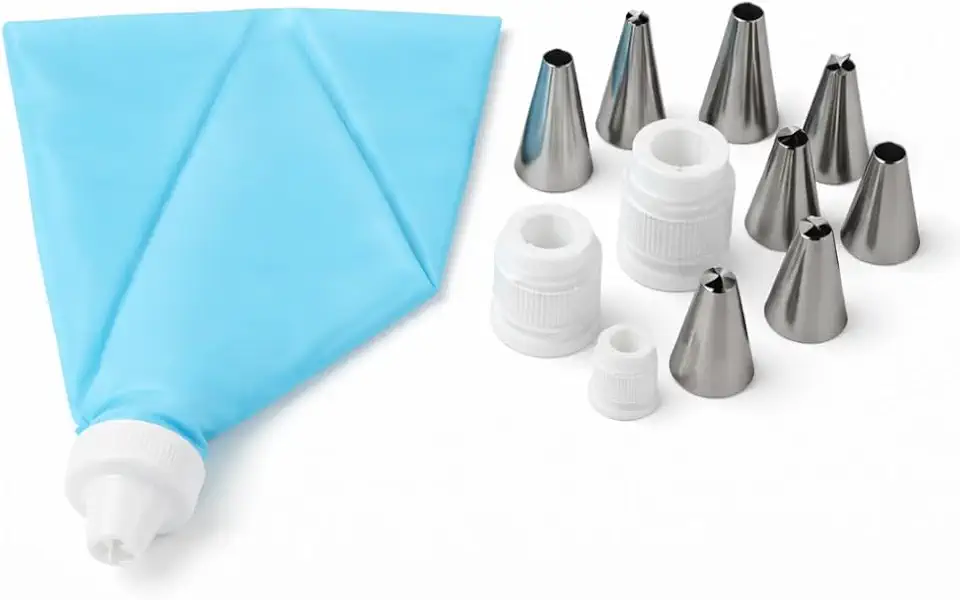 Kit Confeiteiro Profissional 14 Peças - 8 Bicos de Confeitar em Aço Inox, Saco de Silicone Reutilizável e Acoplador - Decoração de Bolos e Cupcakes