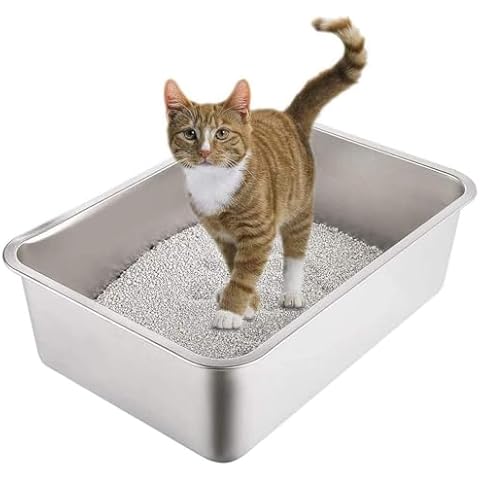 Yangbaga Stainless Steel Litter Box for Cat and Rabbit, Odor Control Litter Pan, Non Stick, Easy to Clean, Rust Proof, Large Size with High Sides and Non Slip Rubber Feets Cover