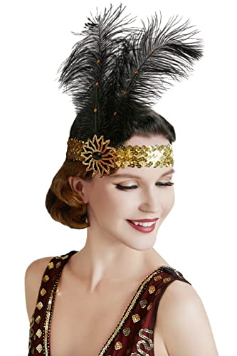 BABEYOND 1920s Flapper Headband Roaring 20s Sequined Showgirl Headpiece Great Gatsby Headband with Feather