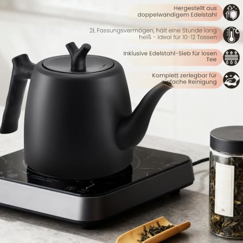 Tee Kanne, 2L Große Teekanne mit Sieb Teapot Thermo 10-12 Tassen Doppelwandig aus Edelstahl Tea Maker für Losen Tee Ingwer & Kräutermischungen – Bild 3