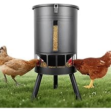 KOL 50LB Metal Chicken Feeder - No Waste, No Clog Design with 16 Ports & Smooth Gravity-Flow, Powder Coated Rust-Proof for Coop Use Black