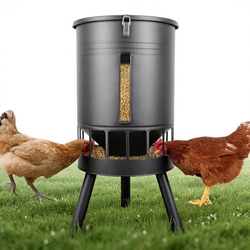KOL 50LB Metal Chicken Feeder - No Waste No Clog Design with 16 Ports & Smooth Gravity-Flow Powder Coated Rust-Proof for Coop Use (Black)