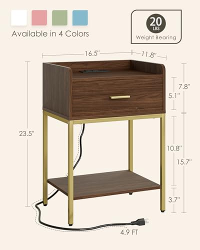 Image of Masupu Nightstand with Charging Station, 3-Tier Modern Bedside Night Stand with Storage Drawer and Shelf, Small End Side Table for Bedroom, Living Room, Walnut