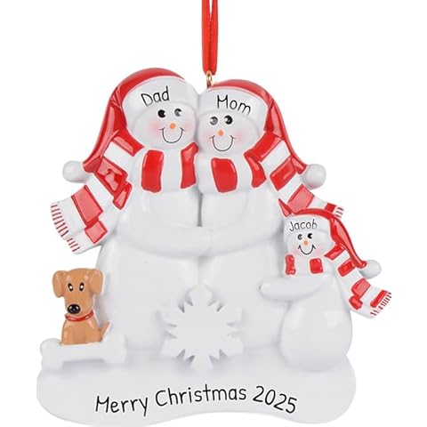 Ornaments by Elves - Personalized Family of 3 Christmas Ornament 2024 - Snowman Family with 1 Tan Dog Lovely Keepsake Home Wall Decor Christmas Decorations in a Giftable Packaging Cover