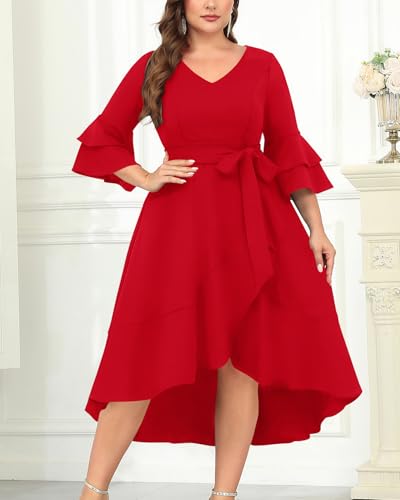 Image of Plus Size Wedding Guest Dress - Double Bell Sleeve High Low Split Dresses | Semi formal cocktail dress, V-neck double bell sleeves with belted high-low split ruffle hem.
