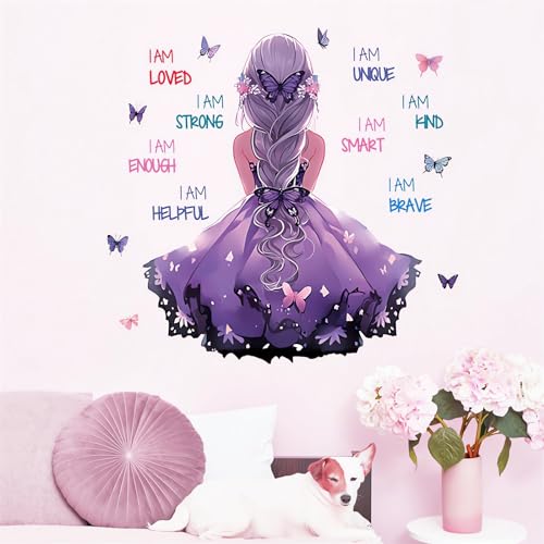 Purple Ponytail Girl Inspirational Wall Stickers, sacinora Motivational Lettering Quotes DIY Butterfly Wall Decals Removable Vinyl Peel and Stick for Kids Baby Nursery Bedroom Playroom Art Decoration