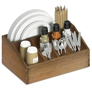 Lille Home Paper Plate Dispenser Holder for Kitchen Counter Bamboo Rustic Silverware Utensil Caddy 6 Compartment Bamboo Paper Plate Organizer Box For Kitchen Counter Party Camping Picnic