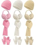 Suhine 12 Pcs Winter Soft Kid Hat Scarf Gloves Earmuffs Set Knit Hat and Gloves Neck Warmer Plush Ear Muffs for Kid Aged 3-10(Pink,White,Beige,Fashion)