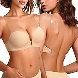 Upushall Backless Bra with Clear Straps and Back Plunge Padded Push Up Low Cut Underwire Bras for Women