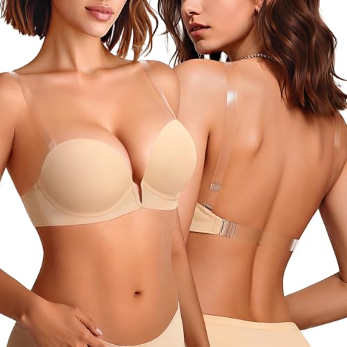 Upushall Backless Bra with Clear Straps and Back Plunge Padded Push Up Low Cut Underwire Bras for...