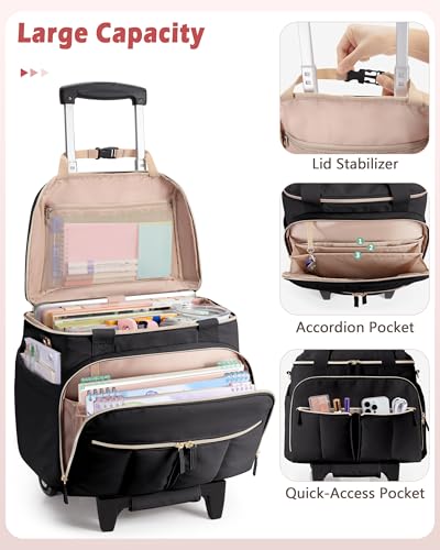 Rolling Teacher Bag with 15.6" Laptop Compartment & Accordion File Organizer, Wheeled Work Briefcase Tote with Detachable Trolley for Women, Black