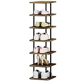 AZERPIAN Shoe Rack 7 Tier Vertical Storage Organizer Narrow Metal Slim Shelf Modern Free Standing Shoe Tower Saving Space for Closet Entryway Bedroom,Black+Rustic Brown