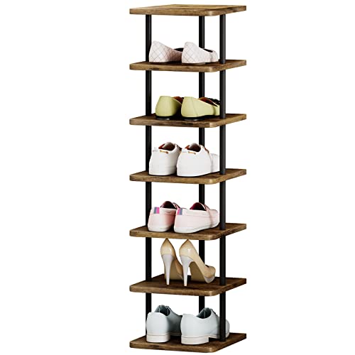 AZERPIAN Shoe Rack 7 Tier Vertical Storage Organizer Narrow Metal Slim Shelf Modern Free Standing Shoe Tower Saving Space for Closet Entryway BedroomBlackRustic Brown