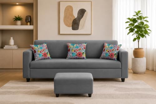 Image of Rosebell 3 Seater Sofa with Ottoman | Living Room Couch | with Printed Cushions | Sofa for Home, Apartment & Office-Grey Color