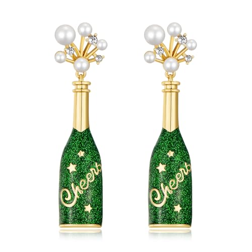 ENSKEFEN Green Christmas Earrings for Women Trendy Xmas Cheers Champagne Bottle Earrings Glitter Statement Pearl Bubble Star Earring Holiday Christmas New Year Earring