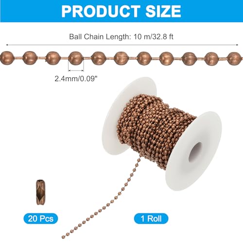 PATIKIL 10m/32.8ft Perlenkugelkette, 2,4mm Edelstahl-Zugkette mit 20 Stück Verbindern für Anhängerkette, Schlüsselanhänger, DIY-Basteln, Kupfer