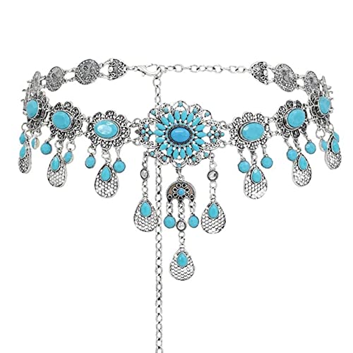 Vintage Flower Turquoise Chain Belts Silver Pear coin Pendant Metal Waist Belt Western Body Jewelry for for Women Dress Vest Jeans for Waistline 25-45inch (Silver Plated)