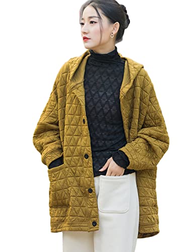 NFYM Women's Lightweight Dolman Quilted Jackets Hooded Winter Button Down Casual Outwear Coat with Pockets