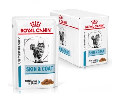Royal Canin Veterinary Diet Feline Skin & Coat | 12 x 85 g | Nassfutter für ausgewachsene Katzen | Feine Stückchen in Soße | Zur Unterstützung der Hautbarriere von Katzen