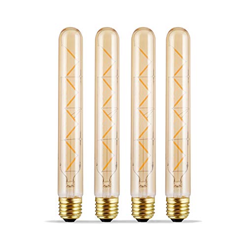 4 pack - Modvera LED Filament Tube Bulb T30 Tubular Bulb Edison Antique Style 5 Watt with 40 watt Equivalent 2200K, Amber Glass E26 Base Dimmable T9 Tube (8.5 inches Long) UL listed and RoHS compliant
