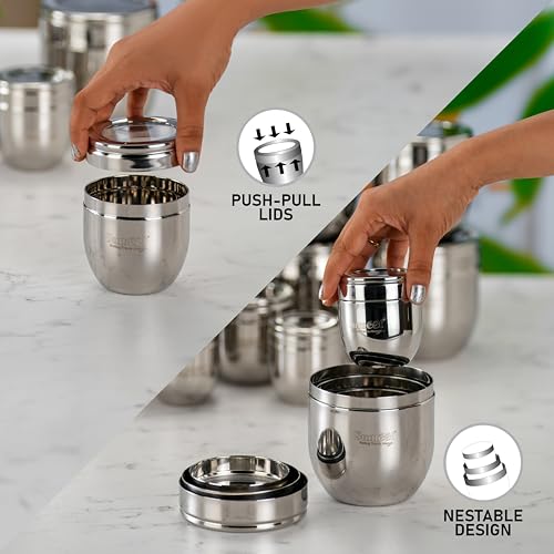 Image of Sumeet Stainless Steel Conical Shape Canisters /Dabba /Storage Containers for Kitchen with See Through Lid, Set of 12 Pcs, (150ml-6cm Dia-3Pc, 250ml-7cm Dia-3Pc, 400ml-8.5cm -3Pc, 500ml-9cm 3Pc)- Silver