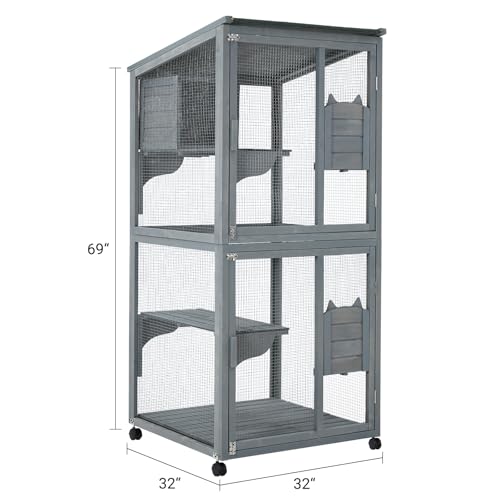 TROPOW 69\" Wooden Catio Outdoor Cat Enclosure, Indoor and Outdoor Catio with Waterproof Roof and Resting Boxes & Fixable Wheels