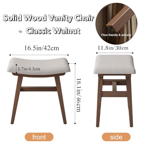 Image of Wooden Vanity Stool, Modern Makeup Dressing Stool solid wood with upholstery saddle seat stool concave ergonomic chair easy to install for bedroom, dining room, home office 16 inch wide brown