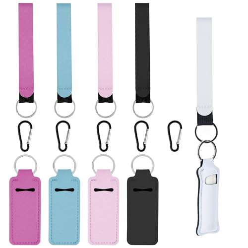 CAIRIAC Chapstick Holder Keychains, Lip Balm Holder Lipstick Sleeve Pouch, Clip-on Sleeve Chapstick Pouch Key Chain, Portable Travel Lipstick Holder Keychain with Wristlet Strap Lanyard (5 Pcs)