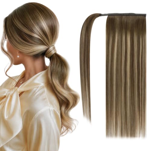 Image of Full Shine Real Human Hair Ponytail Extension, Brown Balayage Long Straight
