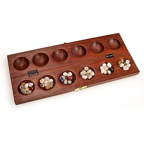 Sterling Games Wooden Mancala Board Game Cherry Finish With Real Stones 13” Wood Game Board #TOP2