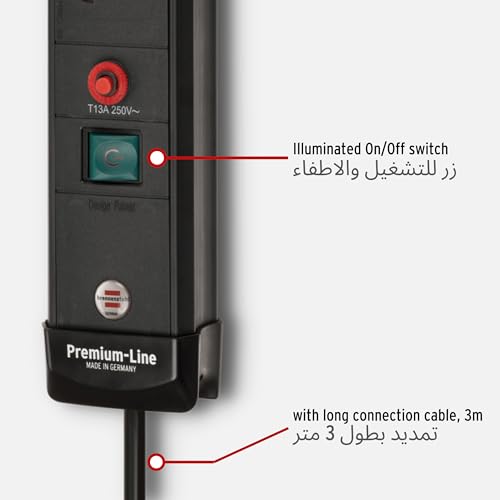 Brennenstuhl Premium-Line 6-way Extension Socket with On/Off Switch and Safety Fuse Button, long 3m cable for large rooms, H05VV-F3G1,5 black with 13A Fuse