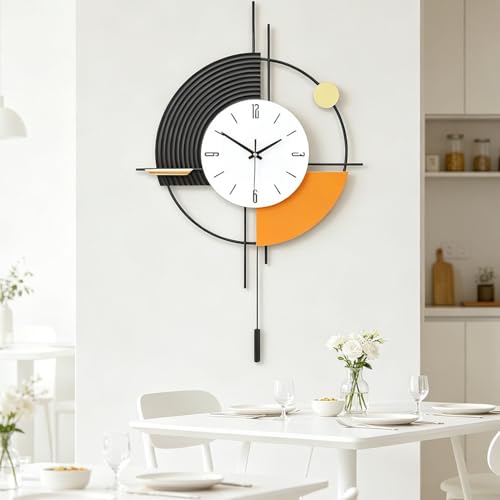 QWANPET Wall Clock with Pendulum,Silent Quality Quartz Battery Operated,Large Wall Clock for Living Room Kitchen Home Bathroom Bedroom Wall Decor,17.7x31inch