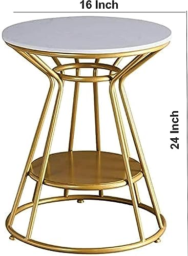 Image of Crown Art Crown Art SHOPPEE Elegant Gold Accent Side Table | Premium Marble Finish Round End Table with Storage Shelf | Modern Coffee Table, Bedside Table, Nightstand for Living Room & Bedroom