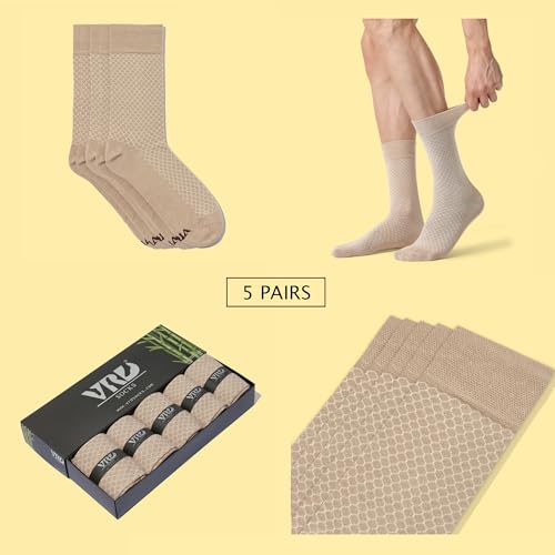 VRD Bamboo Mens Dress Socks for Men, 5-Pack, Beige, Tan, Light Bown Crew Length Mid-Calf Socks, Mens Shoe Size 8-132