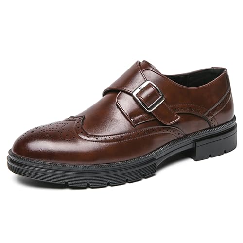 Men's Leather Single Monk Strap Wingtips Oxford Shoes Platform Round Toe Slip On Low Top Brogue Dress Shoes Formal Business Casual Loafers