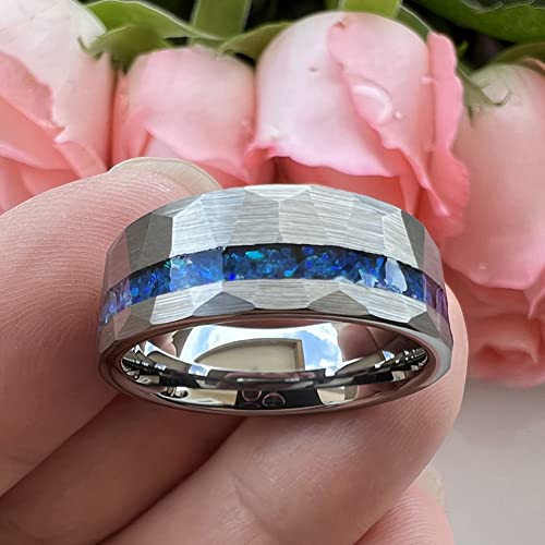 Tutiss 8Mm Hammered Tungsten Rings For Men Women Engagement Wedding Bands Geunine Blue Opal Inlay Matte Finish Comfort Fit Size 9 #TOP3