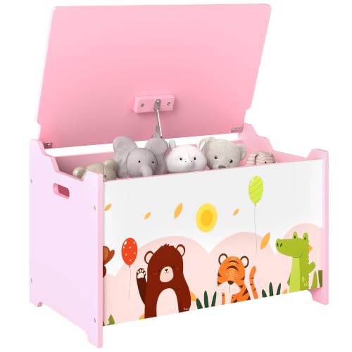 AIYAPLAY Coffre à Jouets Enfant en Bois Motif Animal 60 x 37 x 39 cm Rose
