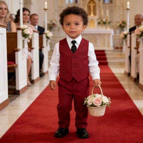 Image of Baby Boy Formal Suit for Toddler Infant Tuxedo Dress Suits | Little Gentleman, Wedding Ring Bearer Outfit, Vest Pants Long-Sleeve Shirt Tie, Birthday Party Christmas Prom, Classic