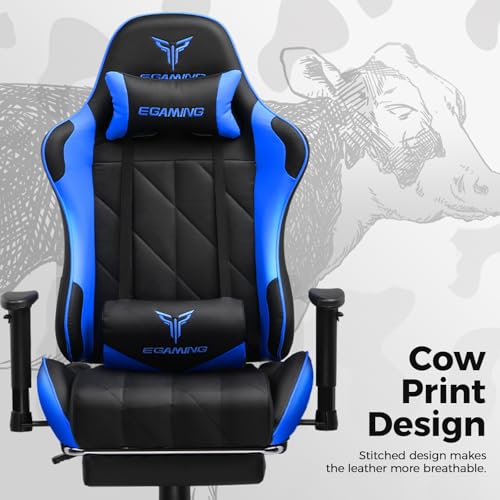 Gaming Chair with 3D Adjustable Armrests, Cow Print Design, Ergonomic Office Chair with High Back, Computer Chair with Footrest,Comfy Diamond Stitching Sest, Game Chair for Adults